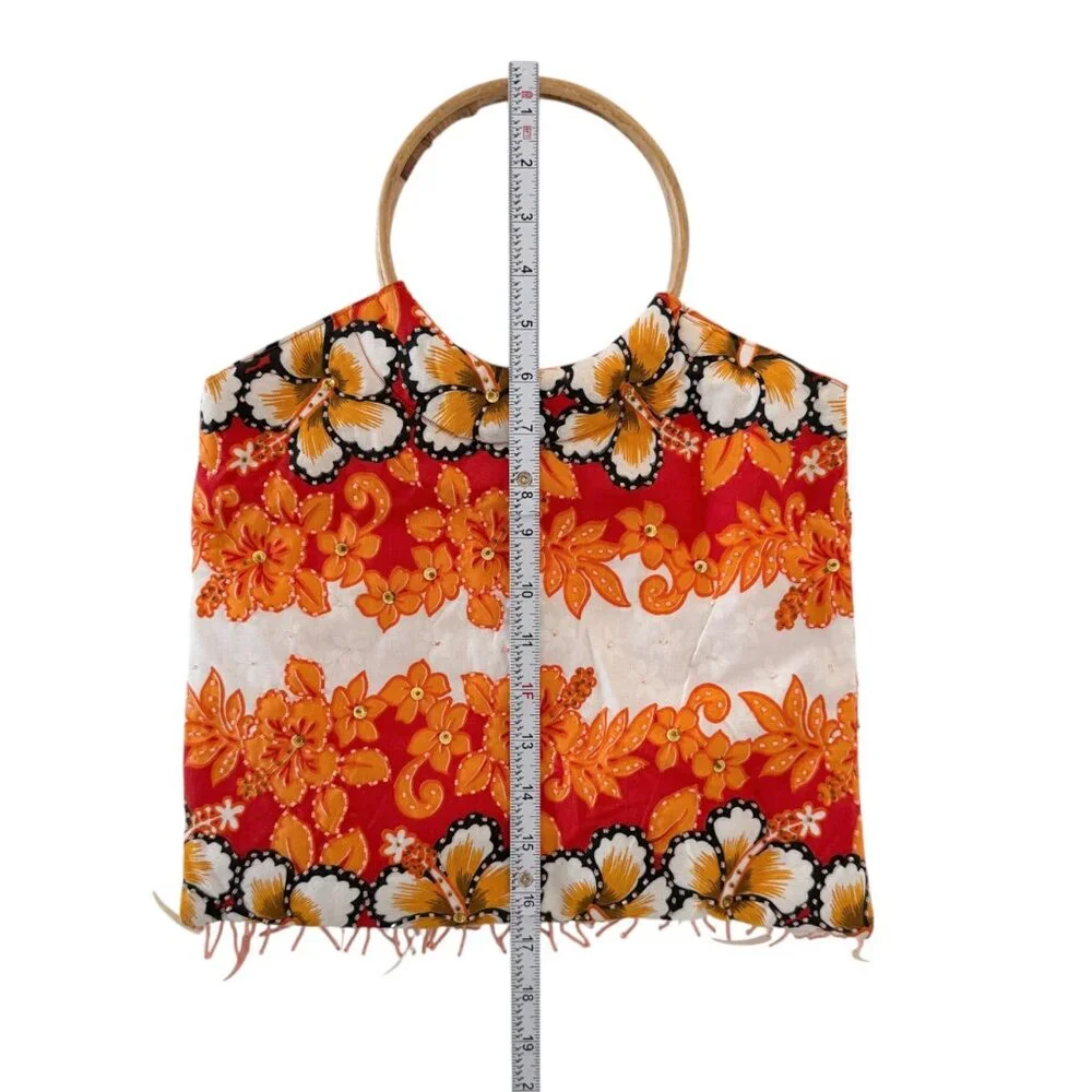 Kisses & Hugs Vintage Tropical Resort Floral Boho Beaded Bamboo Handle Purse Bag